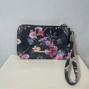 Steve Madden Black Faux Leather Floral Clutch With Dual Zipper Compartments